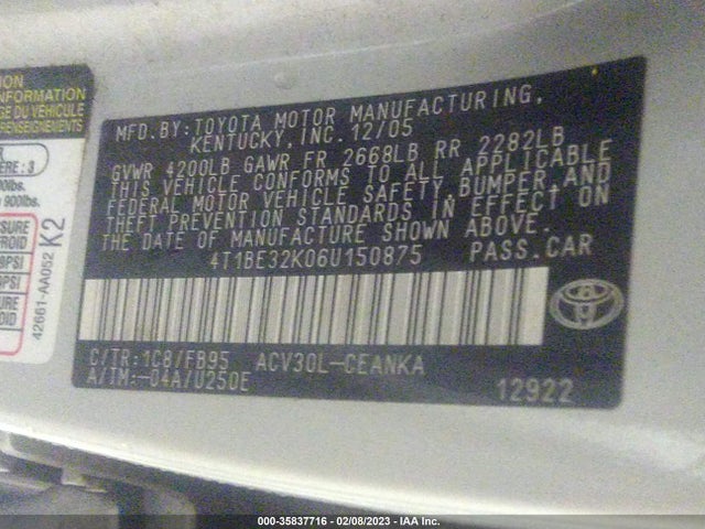 2006 TOYOTA CAMRY STD/LE/SE/XLE VIN: 4T1BE32K06U150875