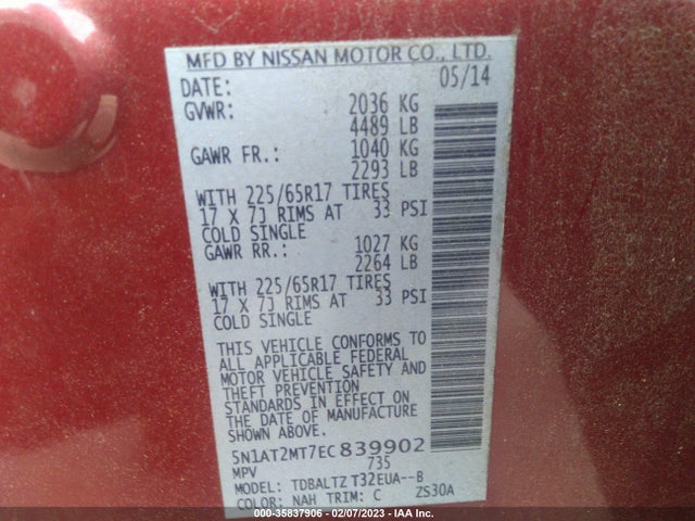 Nissan ROGUE S/SV/SL 2014 5N1AT2MT7EC839902 Image 10