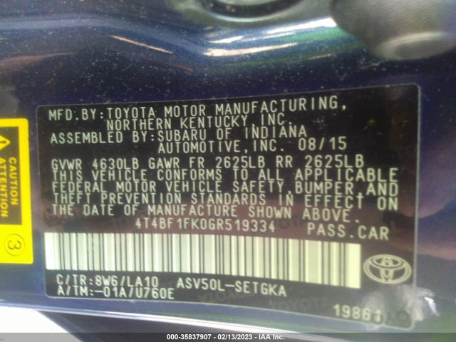 2016 TOYOTA CAMRY XLE/SE/LE/XSE VIN: 4T4BF1FK0GR519334