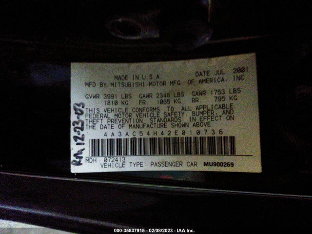 4A3AC54H42E010736 Mitsubishi ECLIPSE GT
