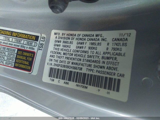2012 HONDA CIVIC CPE LX VIN: 2HGFG3B59CH566708