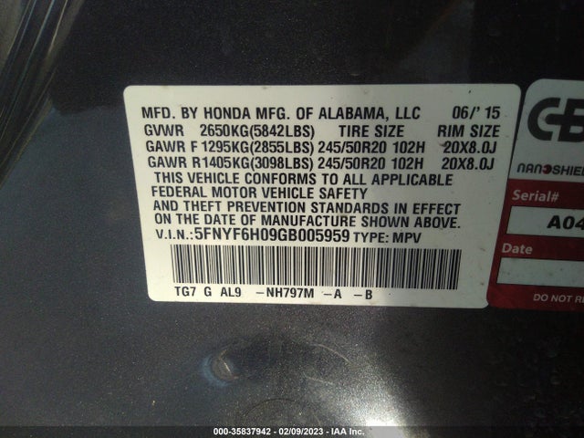 Honda Pilot Elite 2016 5FNYF6H09GB005959 Image 9