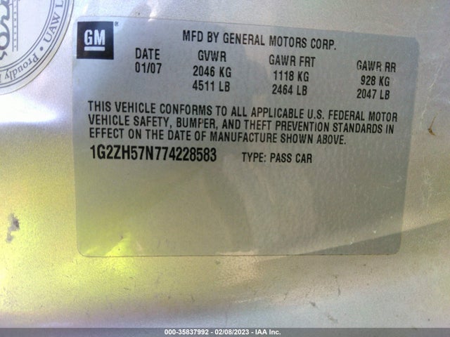 2007 PONTIAC G6 GT VIN: 1G2ZH57N774228583