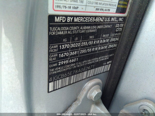 2008 MERCEDES-BENZ R-CLASS 3.5L VIN: 4JGCB65E78A082471