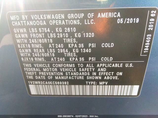 Volkswagen Atlas 3.6l V6 Se W/technology 2019 1V2WR2CA0KC569382 Image 10