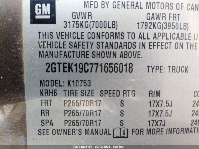 2007 GMC SIERRA 1500 SLE1 VIN: 2GTEK19C771656018