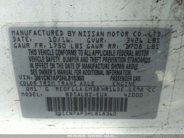3N1CN7AP3HL818360 Nissan Versa Sedan Sv