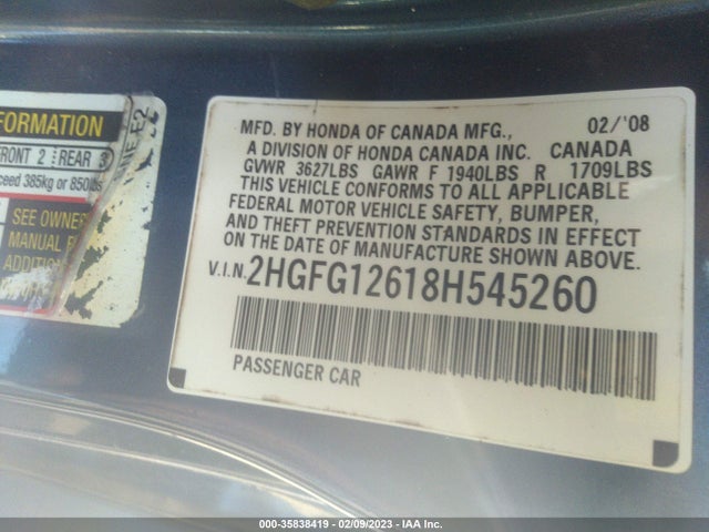 2008 HONDA CIVIC CPE LX VIN: 2HGFG12618H545260