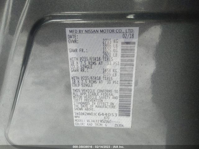 5N1DR2MN0JC644053 Nissan Pathfinder Sv
