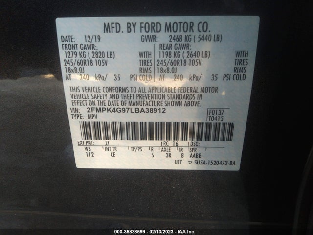 2020 Ford Edge, VIN: 2FMPK4G97LBA38912