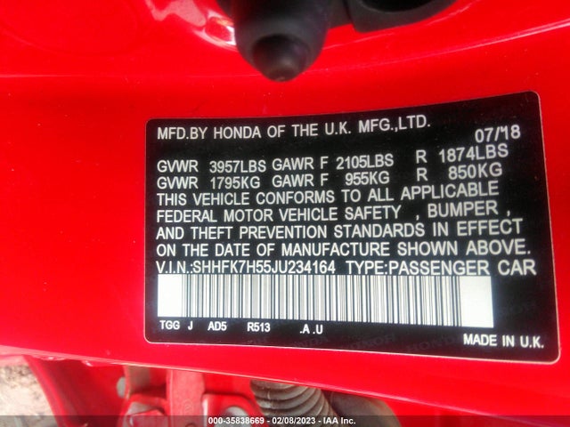 Honda Civic Hatchback Ex 2018 SHHFK7H55JU234164 Image 9