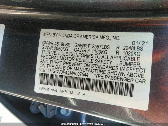 2021 Honda Accord, VIN: 1HGCV3F42MA007544