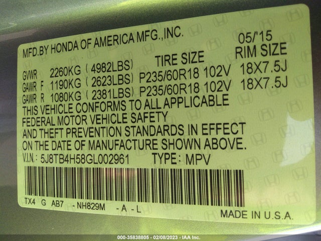 2016 Acura RDX, VIN: 5J8TB4H58GL002961