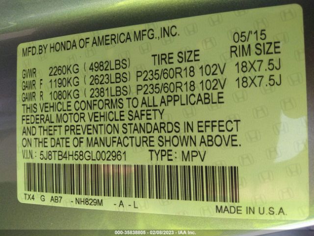 5J8TB4H58GL002961 Acura Rdx Tech Pkg/tech