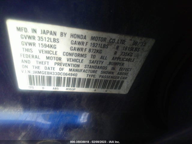 2013 HONDA FIT VIN: JHMGE8H33DC064940