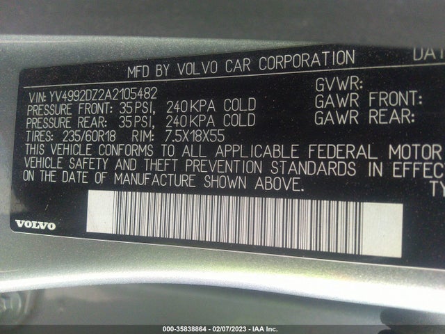2010 VOLVO XC60 3.0T VIN: YV4992DZ2A2105482
