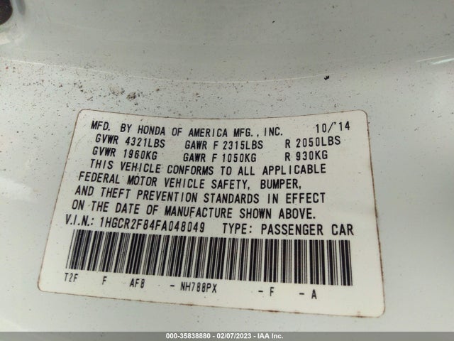 Honda Accord Sedan Ex-l 2015 1HGCR2F84FA048049 Image 10