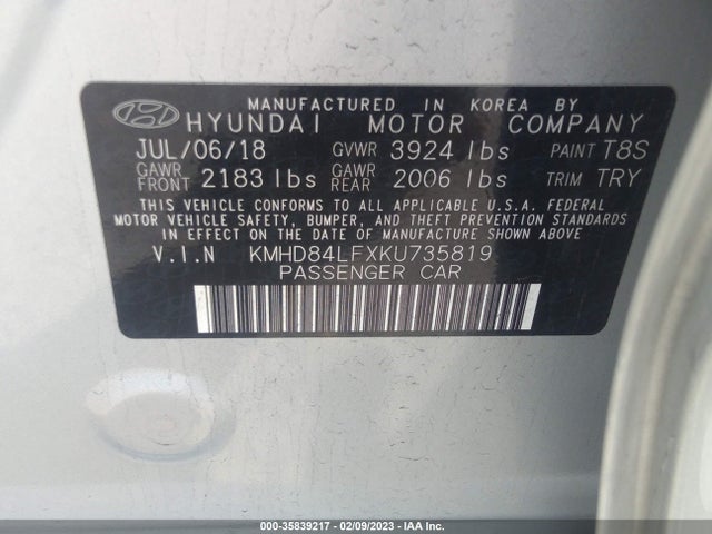 2019 HYUNDAI ELANTRA VALUE EDITION VIN: KMHD84LFXKU735819