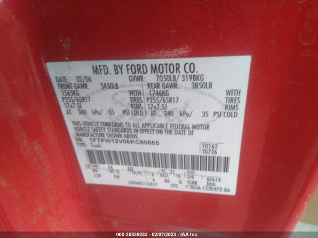 2006 FORD F-150 XLT/LARIAT/KING RANCH VIN: 1FTPW12V06KC60665