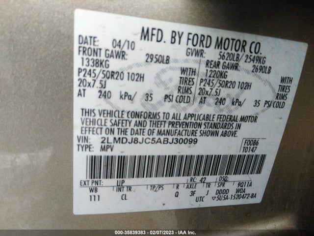 Lincoln MKX 2010 2LMDJ8JC5ABJ30099 Image 9