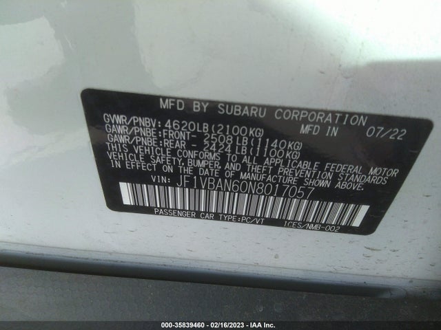 2022 Subaru WRX, VIN: JF1VBAN60N8017057