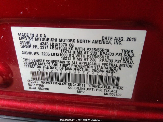 4A4AP3AU0FE047360 Mitsubishi Outlander Sport Es