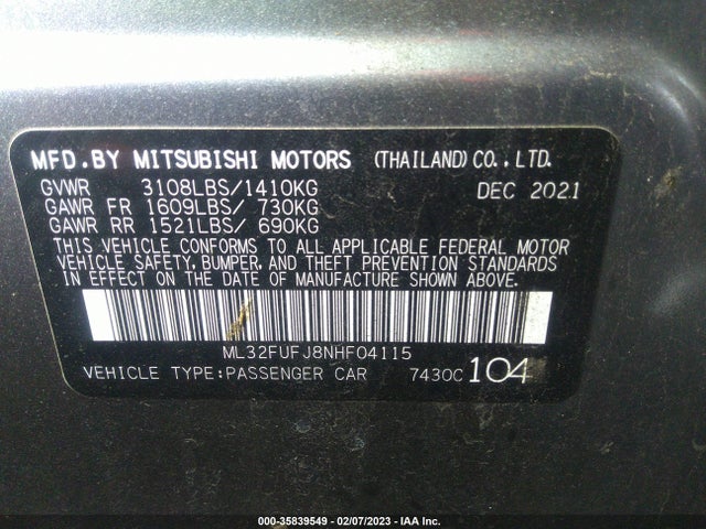 Mitsubishi MIRAGE G4 2022 ML32FUFJ8NHF04115 Image 11