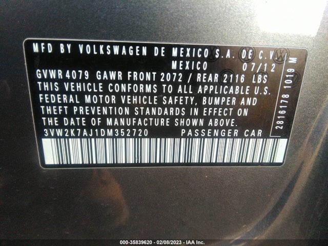 3VW2K7AJ1DM352720 Volkswagen Jetta Sedan S