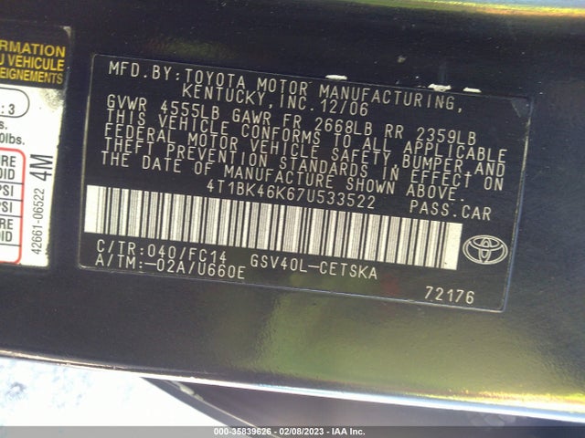 2007 TOYOTA CAMRY LE/SE/XLE VIN: 4T1BK46K67U533522