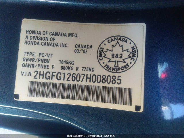 2007 HONDA CIVIC CPE LX VIN: 2HGFG12607H008085
