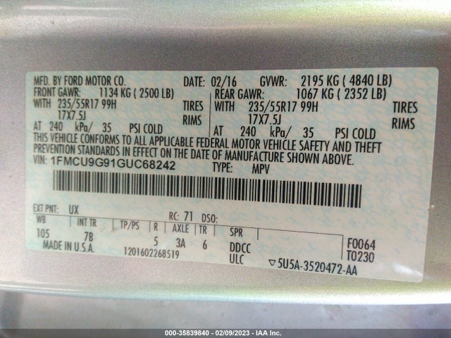 2016 Ford Escape, VIN: 1FMCU9G91GUC68242