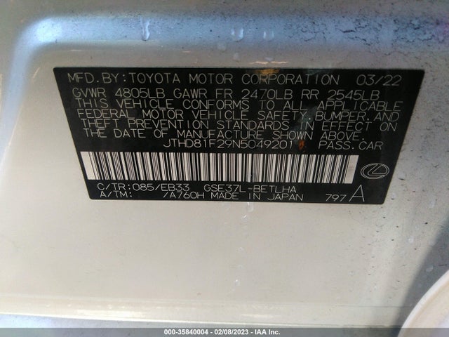 2022 LEXUS IS IS 300 VIN: JTHD81F29N5049201