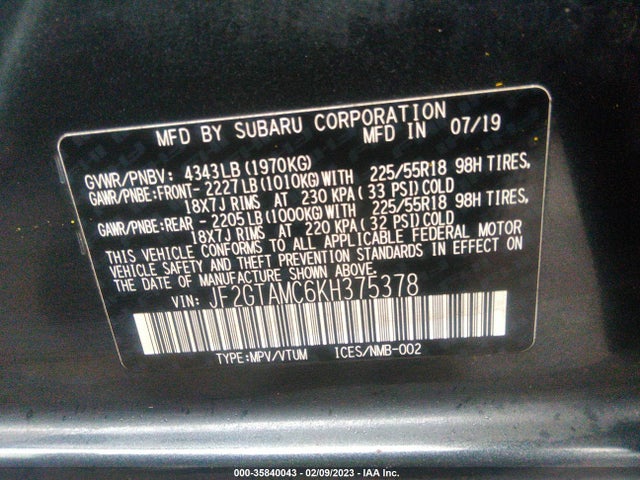 2019 Subaru Crosstrek, VIN: JF2GTAMC6KH375378