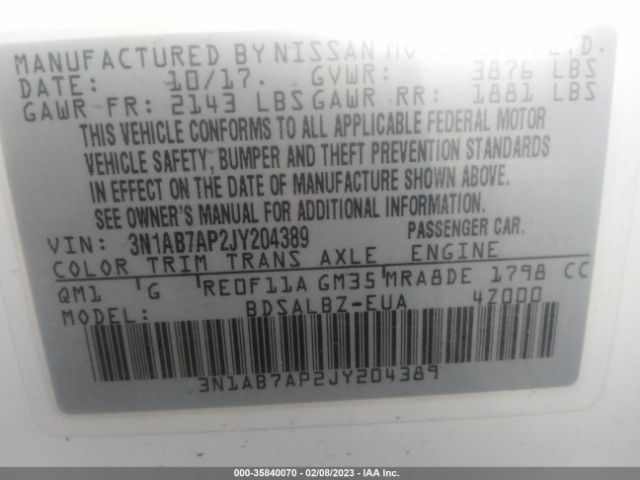 3N1AB7AP2JY204389 Nissan SENTRA S
