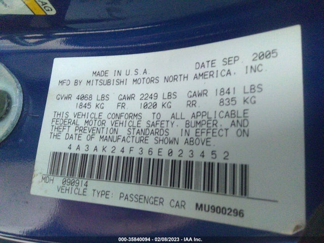 4A3AK24F36E023452 Mitsubishi ECLIPSE GS