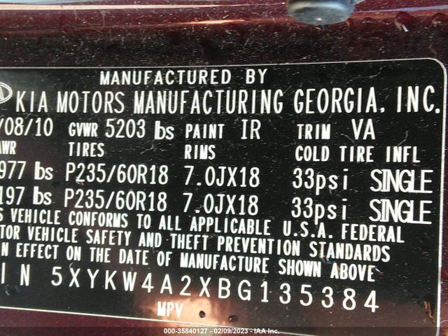 KIA SORENTO SX 2011 5XYKW4A2XBG135384 Image 10