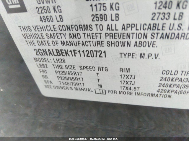 Chevrolet EQUINOX LT 2015 2GNALBEK1F1120721 Image 9
