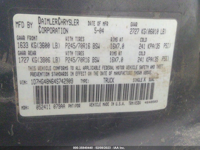 Dodge DAKOTA SLT 2004 1D7HG48N64S742909 Image 10