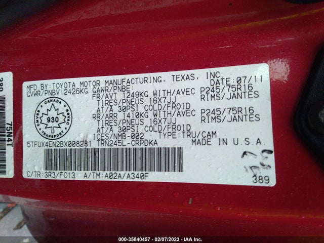 2011 TOYOTA TACOMA VIN: 5TFUX4EN2BX008281