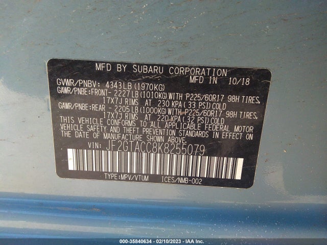 2019 SUBARU CROSSTREK PREMIUM VIN: JF2GTACC8K8255079
