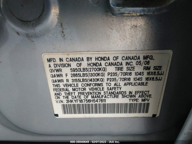 2006 HONDA PILOT EX-L WITH NAVI VIN: 2HKYF18756H547611