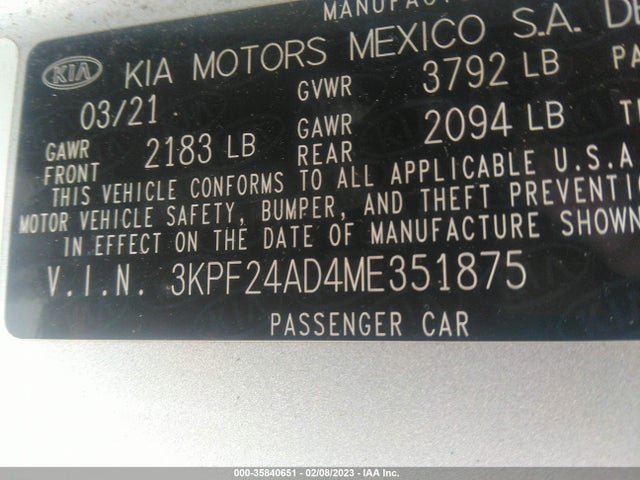 2021 KIA FORTE LXS VIN: 3KPF24AD4ME351875