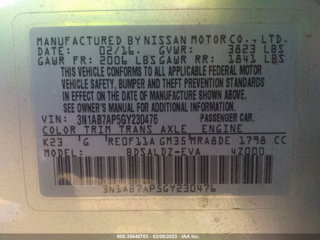 2016 NISSAN SENTRA SR/SL/S/SV/FE+ S VIN: 3N1AB7AP5GY230476