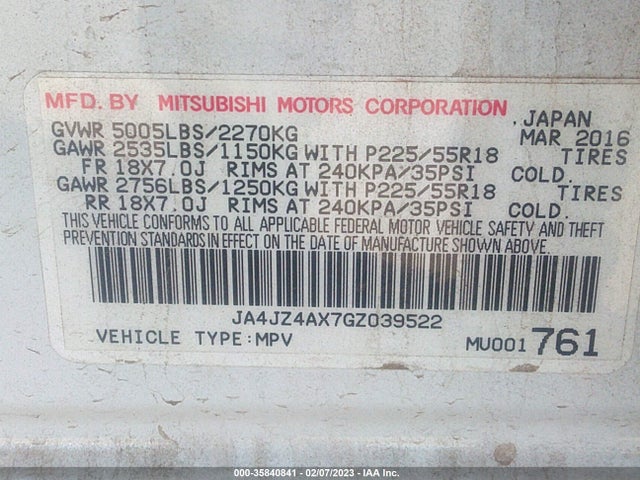 JA4JZ4AX7GZ039522 Mitsubishi OUTLANDER GT