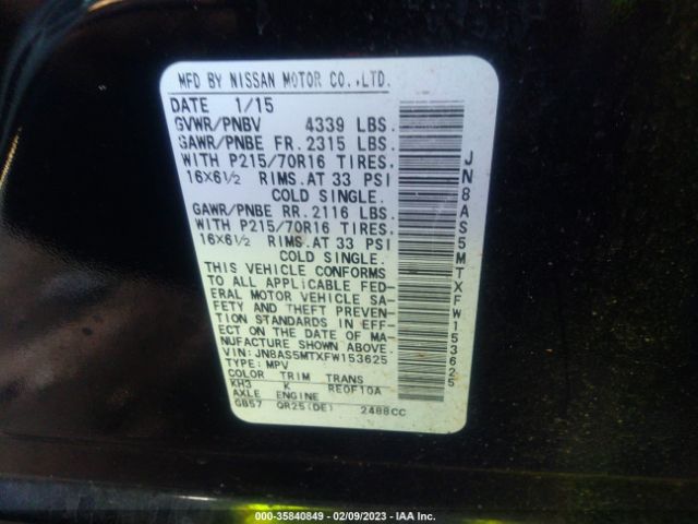 JN8AS5MTXFW153625 Nissan Rogue Select S