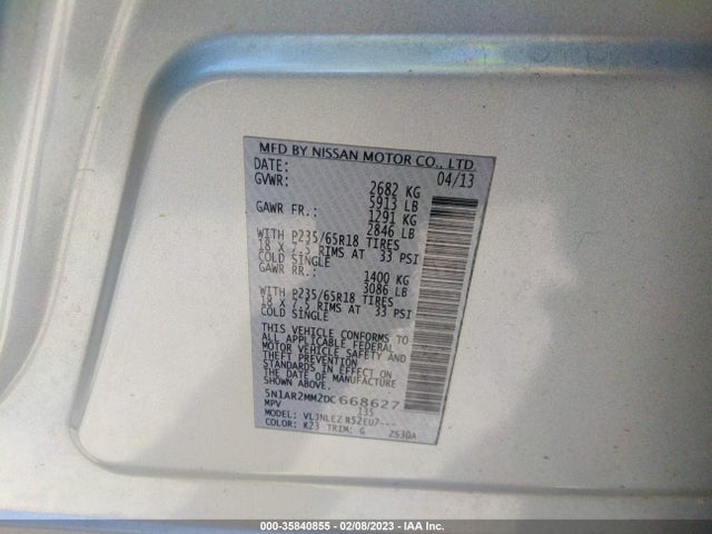 2013 NISSAN PATHFINDER SV VIN: 5N1AR2MM2DC668627