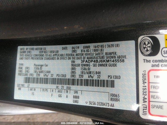 2019 FORD FIESTA SE VIN: 3FADP4BJ6KM145558