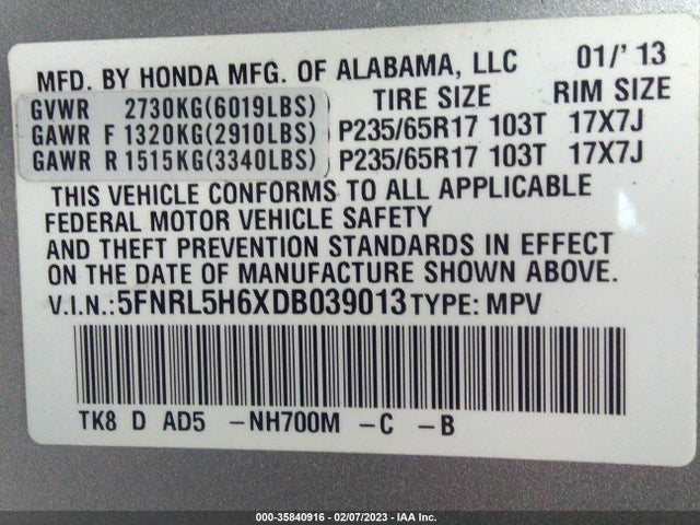 2013 HONDA ODYSSEY EX-L VIN: 5FNRL5H6XDB039013