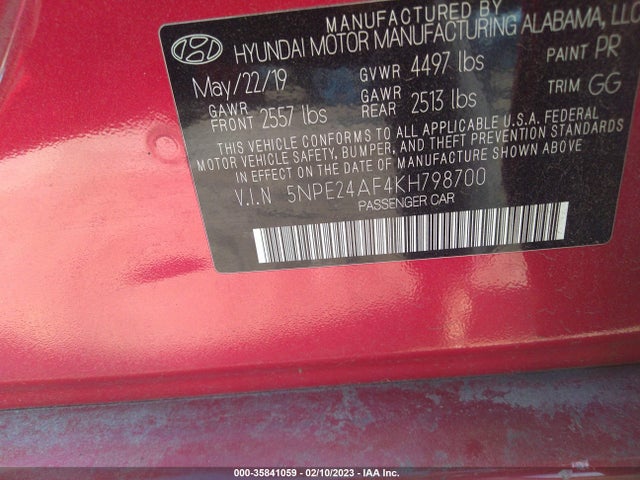 2019 HYUNDAI SONATA SE VIN: 5NPE24AF4KH798700