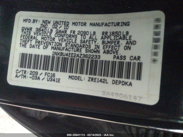 2010 TOYOTA COROLLA VIN: 1NXBU4EE2AZ362233